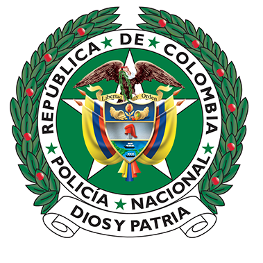 Emblem of Policía Nacional de Colombia with green wreath, shield, and banner reading “República de Colombia”