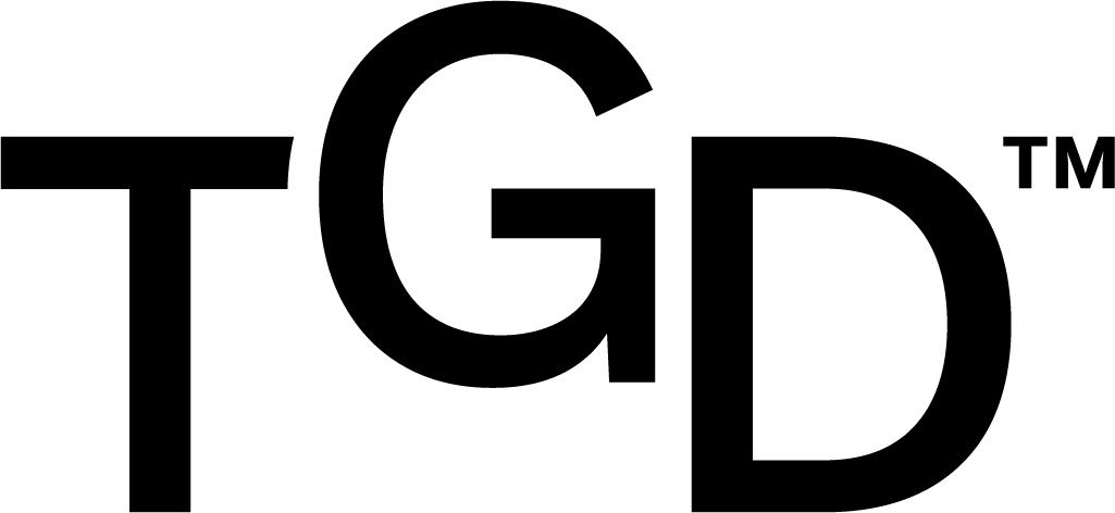 A black and white logo for tgd tm on a white background.