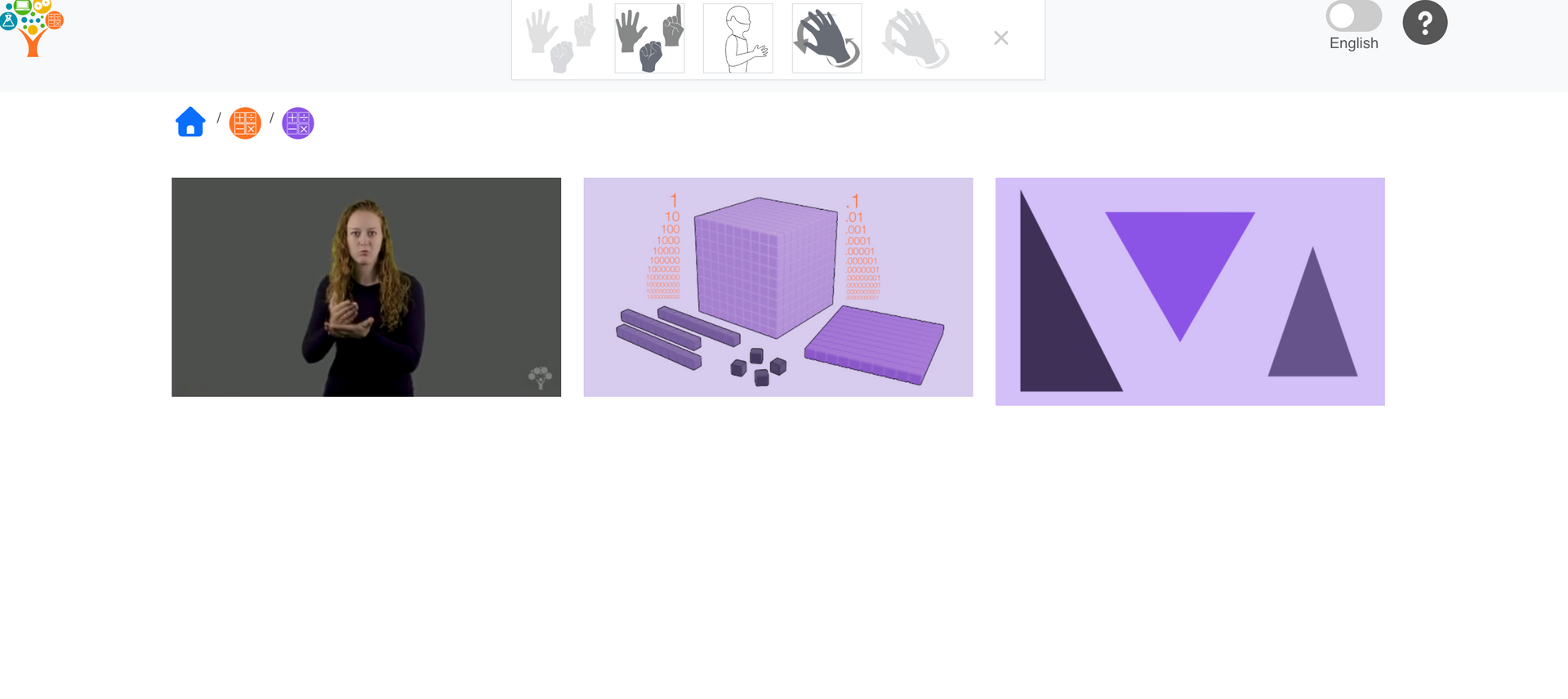 Three slide thumbnails: a presenter, purple 3D blocks, and a purple triangle graphic