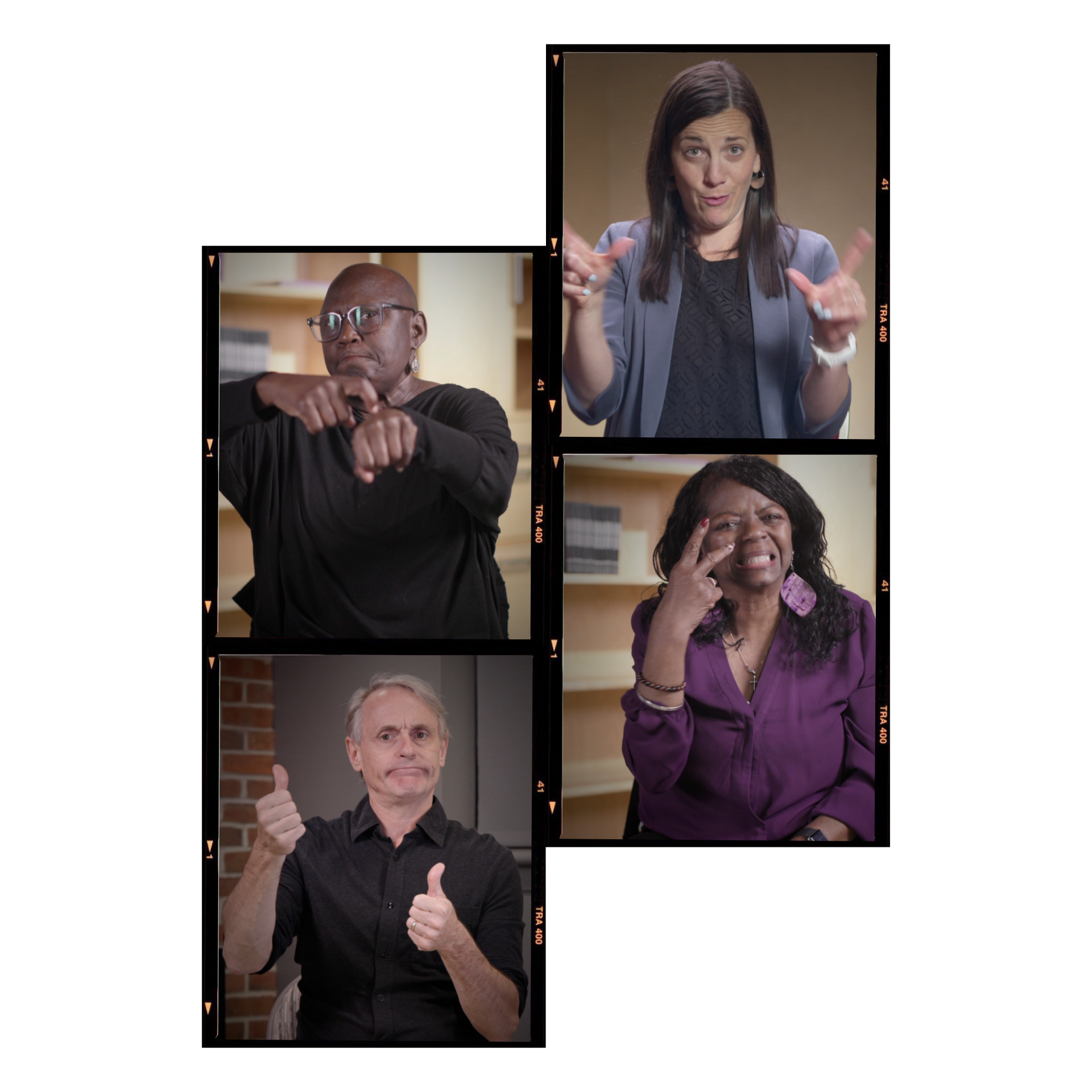 Four people in black frames making different hand gestures against a white background.