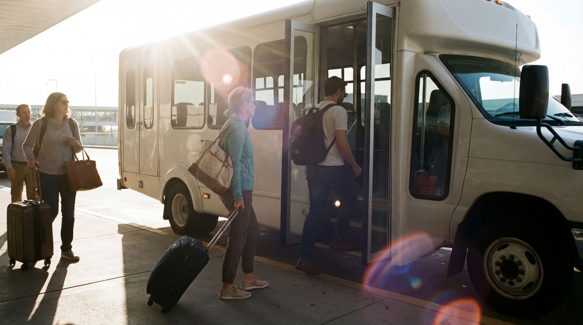 Travelers boarding a white shuttle bus at a sunny curbside stop, with luggage beside them