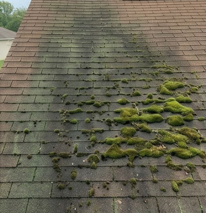 Moss patches and discoloration on brown asphalt shingles
