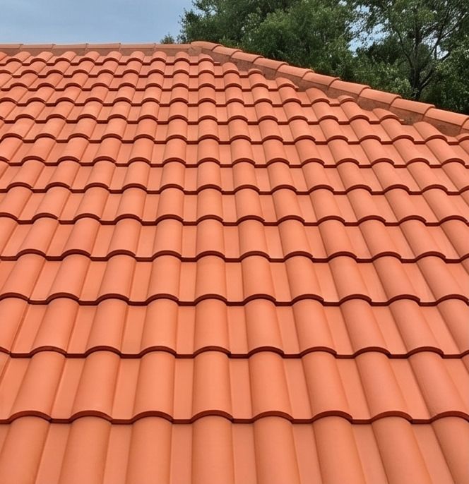 Curved red tile roof after cleaning