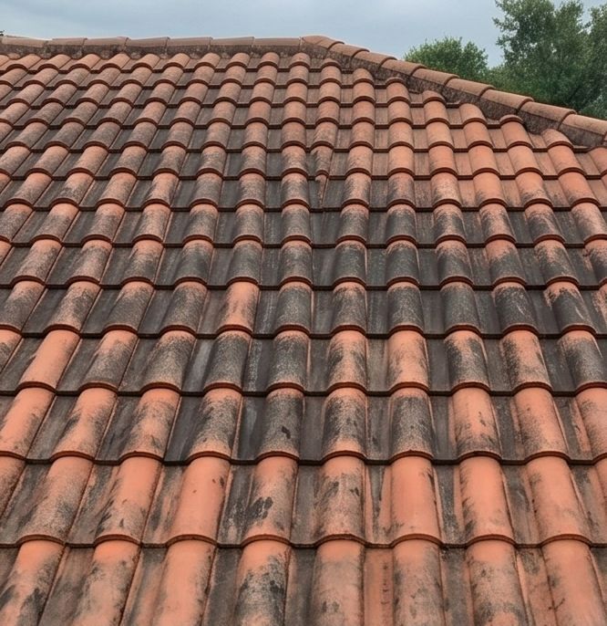 Curved red roof tiles with dark surface staining