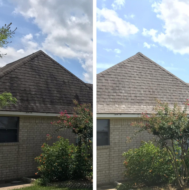 Before and after photo of a residential asphalt shingle roof cleaning by Peak Roof Cleaning in Lawrenceville, GA