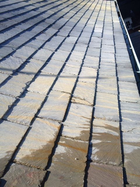 Rows of slate roof tiles with varied gray and tan coloring