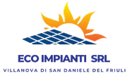 ECO IMPIANTI SRL logo with blue solar panels and orange sun, Villanova di San Daniele del Friuli text
