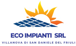 ECO IMPIANTI SRL logo with blue solar panels and orange sun, Villanova di San Daniele del Friuli text