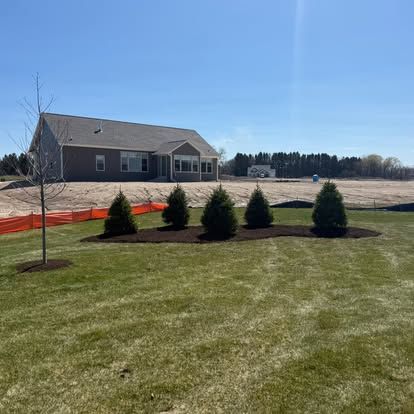 Row of newly planted trees along a new construction home in Pleasant Prairie, WI