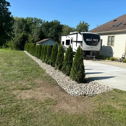 Newly planted privacy trees along a residential property in Kenosha, WI