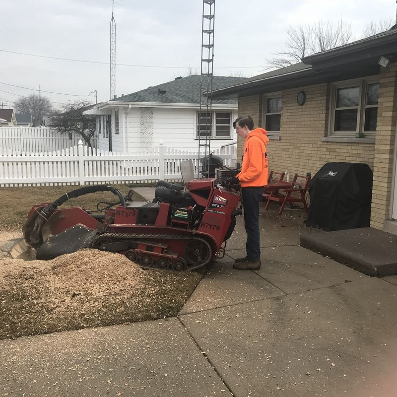 Stump grinder parked near a home after grinding a stump, Haas Tree Service