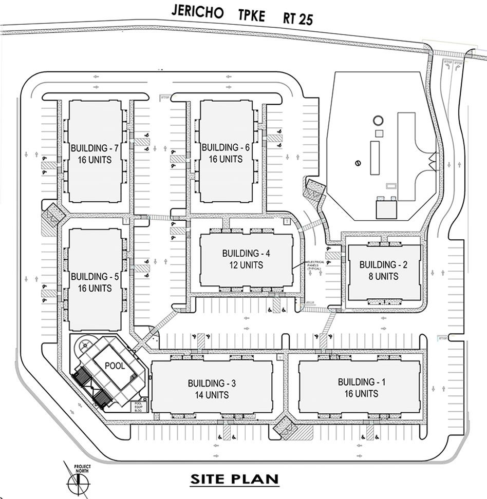 Site plan of an apartment complex with multiple buildings, parking, and a pool.