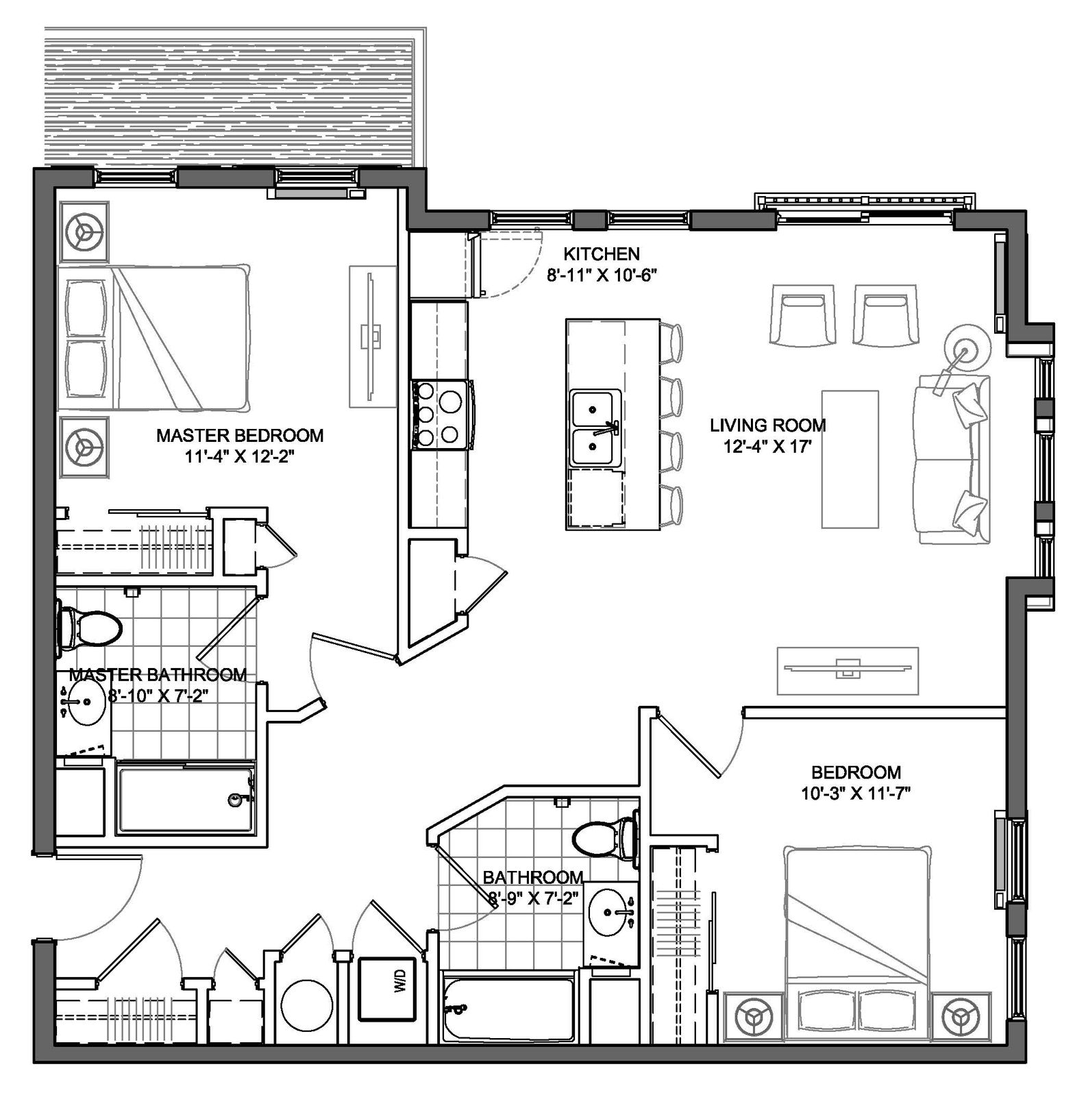 Floor plan of an apartment with two bedrooms, kitchen, living room, and two bathrooms.