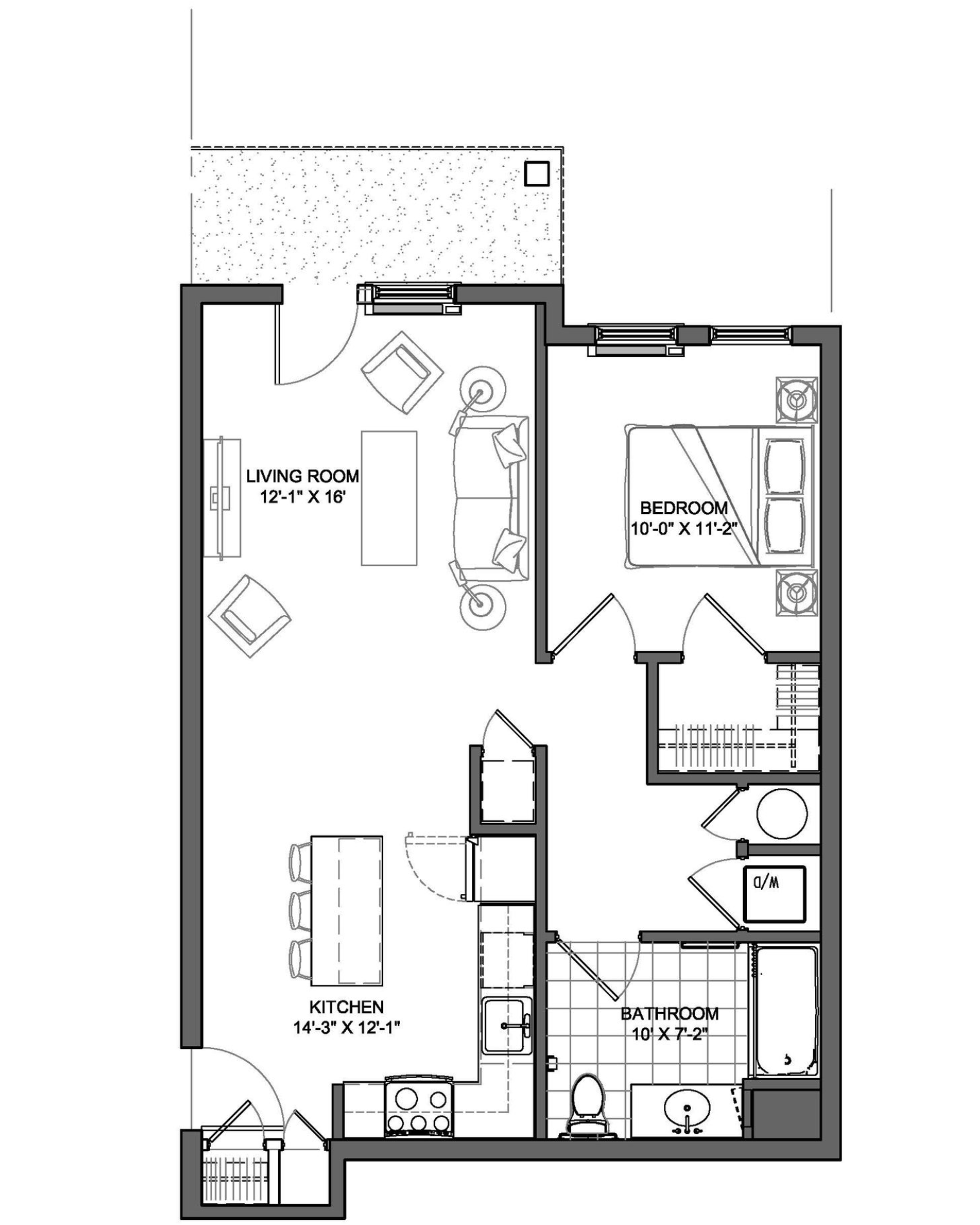 Floor plan of a one-bedroom apartment with a living room, kitchen, bathroom, and a balcony.