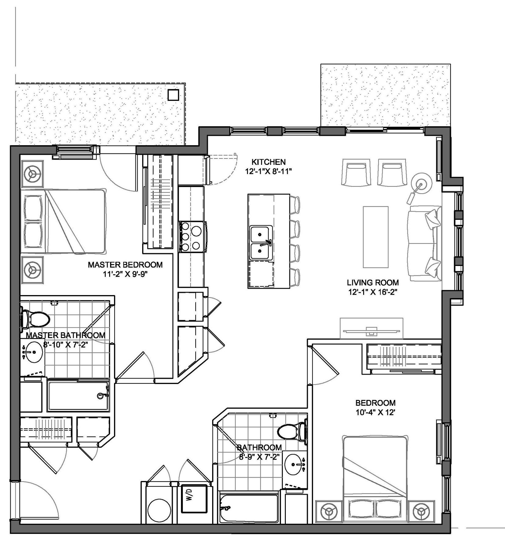Floor plan of a two-bedroom apartment. Includes master bedroom with en-suite, kitchen, living room, and second bedroom.