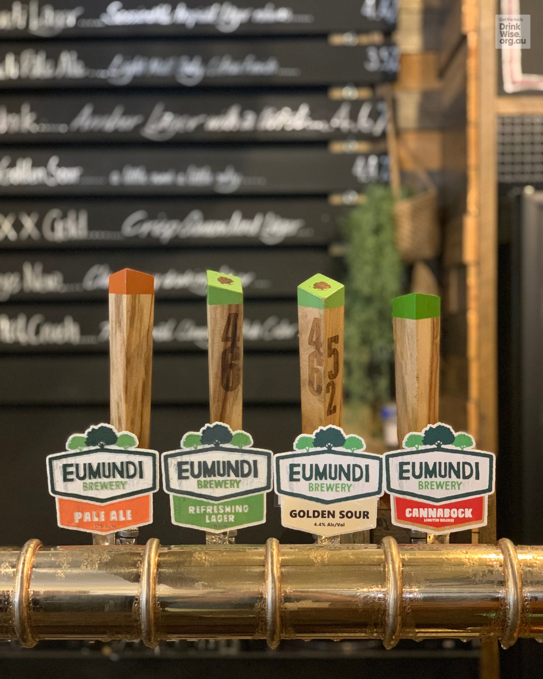 Four beer taps at Eumundi Brewery: Pale Ale, Bavarian Lager, Gold IPA, and Lamblock.