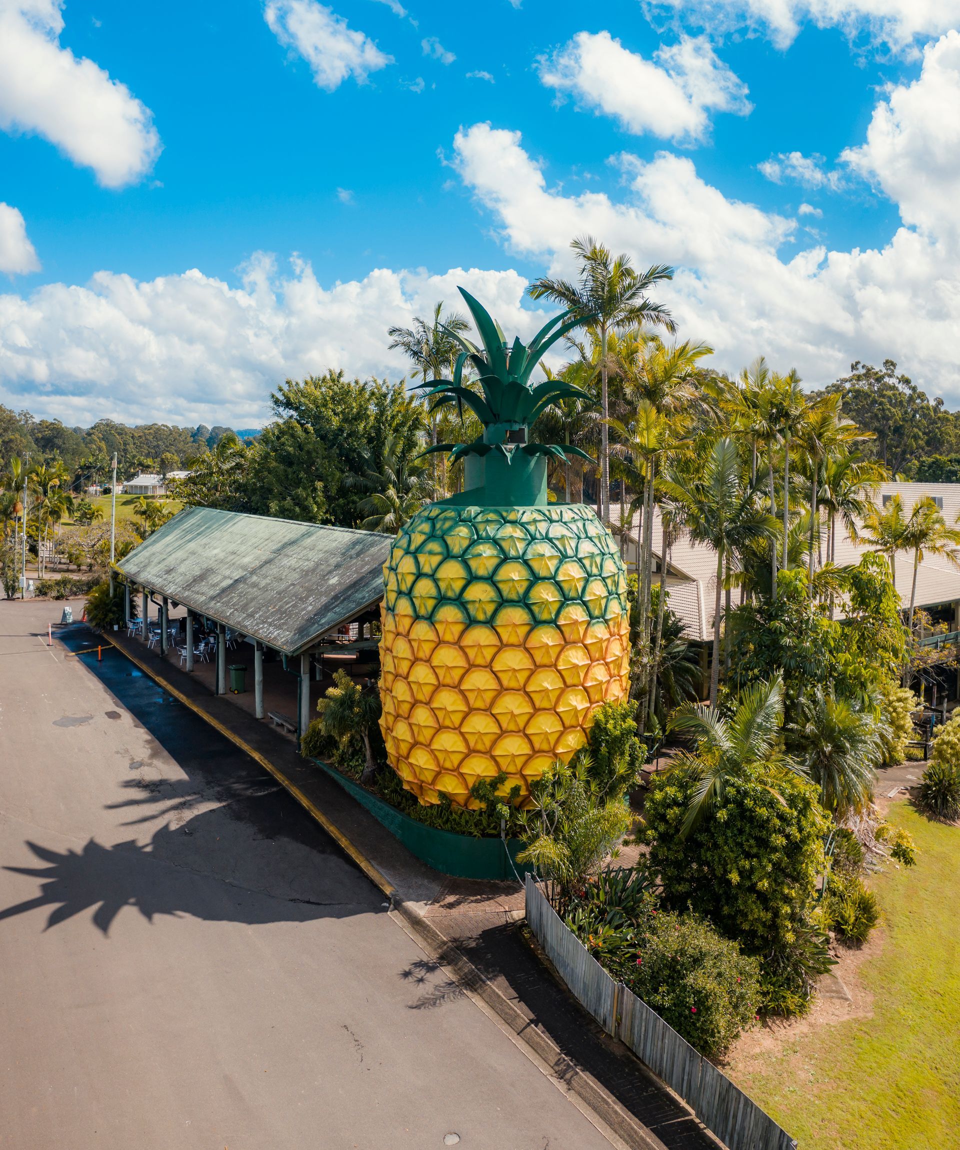 Giant pineapple roadside attraction with covered walkway, blue sky and clouds.