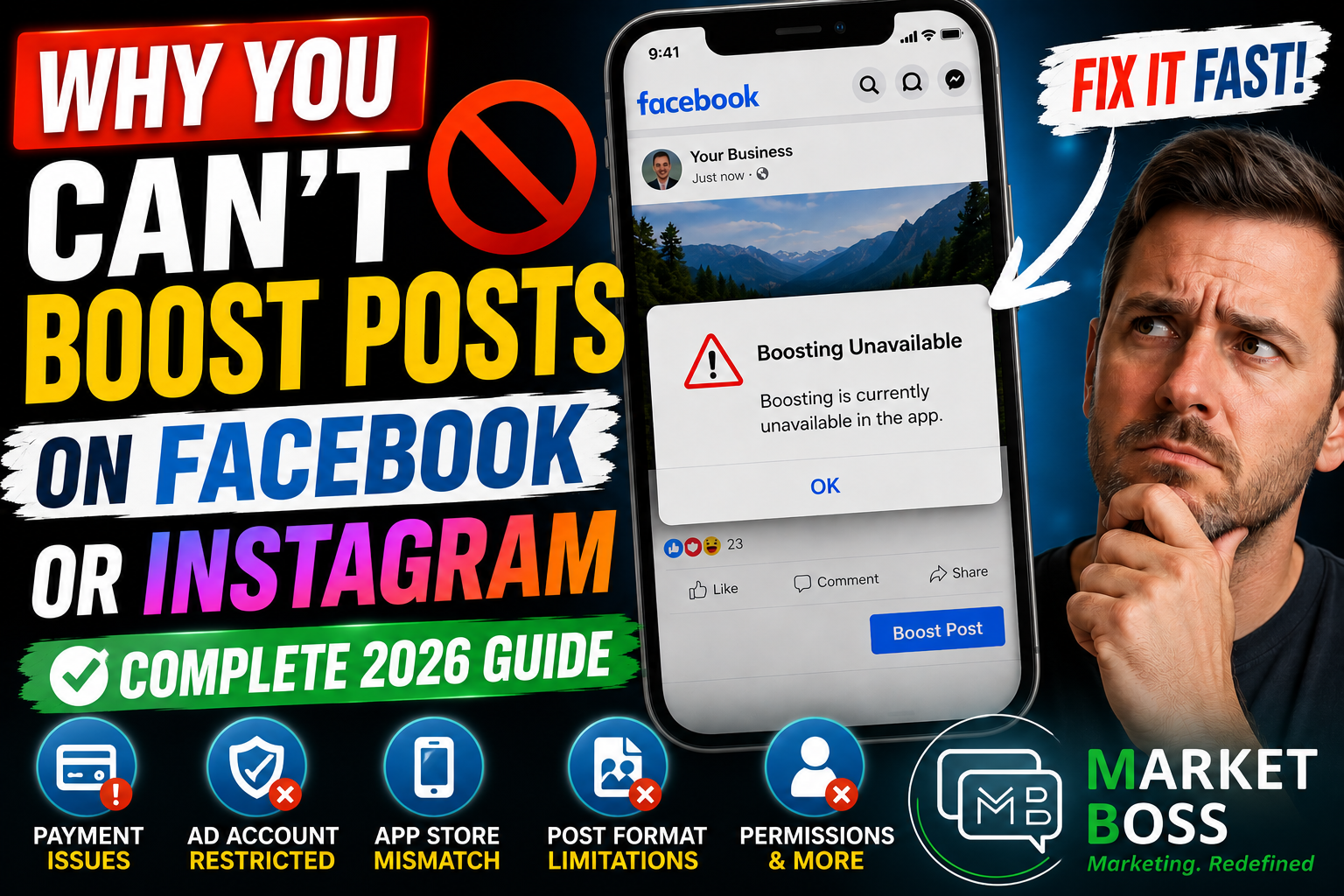 why can't I boost ads on facebook and instagram anymore|MarketBoss
