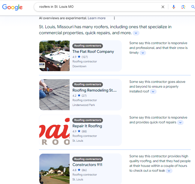 A google search for roofers in st. louis MO using generative AI | Missouri Market Boss