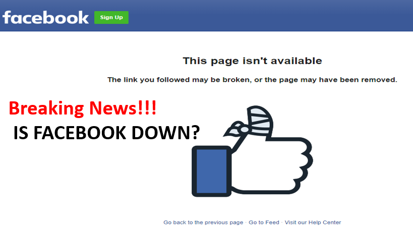 A facebook page that says breaking news is facebook down
