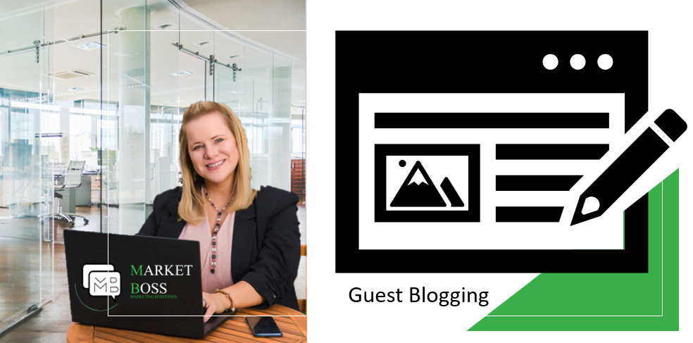 a woman is sitting at a table using a laptop computer  discusses benefits of guest blogging for small business