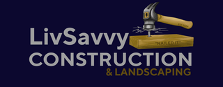 LivSavvy Construction & Landscaping logo with hammer and nail on a dark blue background