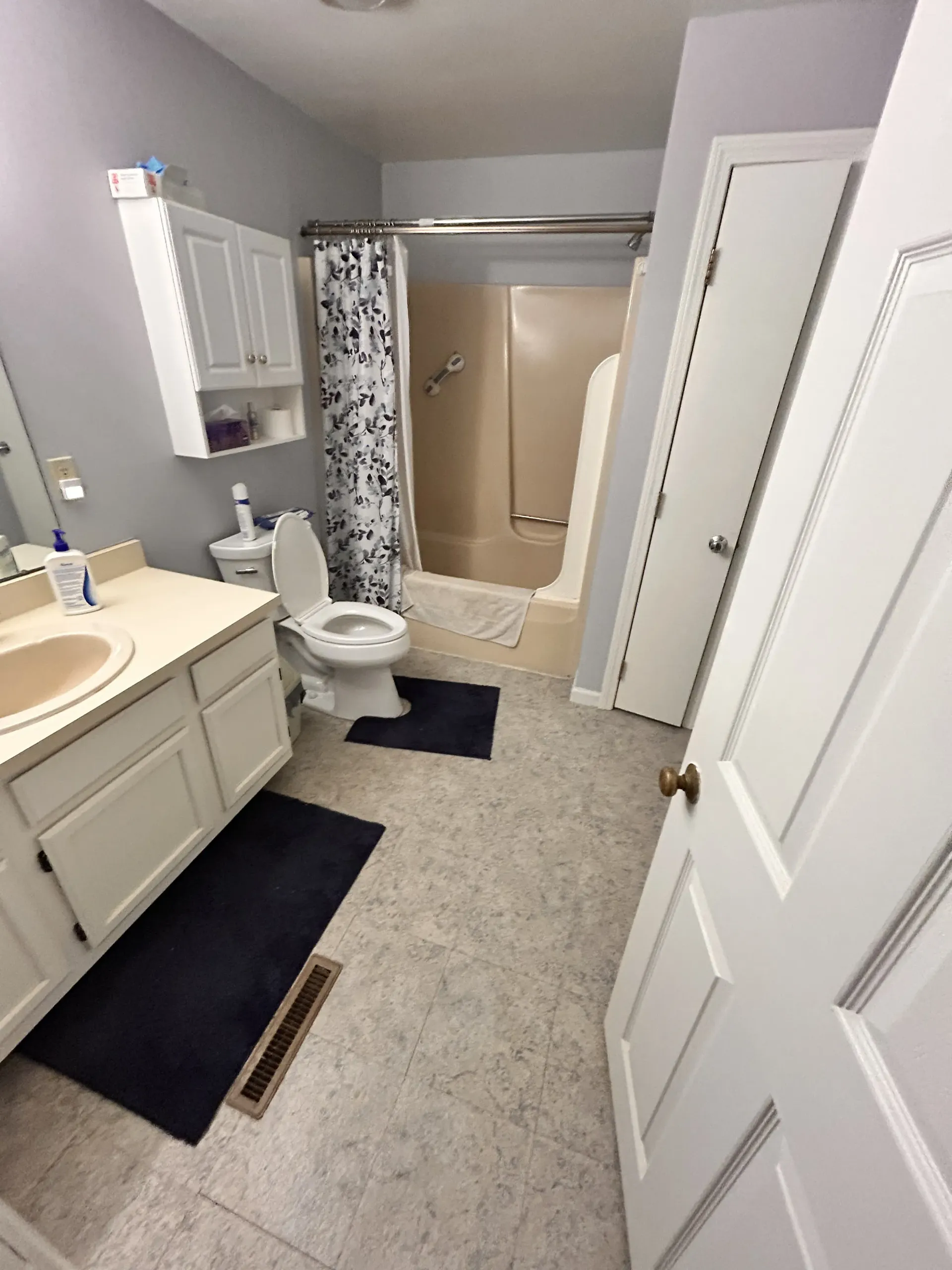 Bathroom with white vanity, toilet, shower curtain, and black floor mats