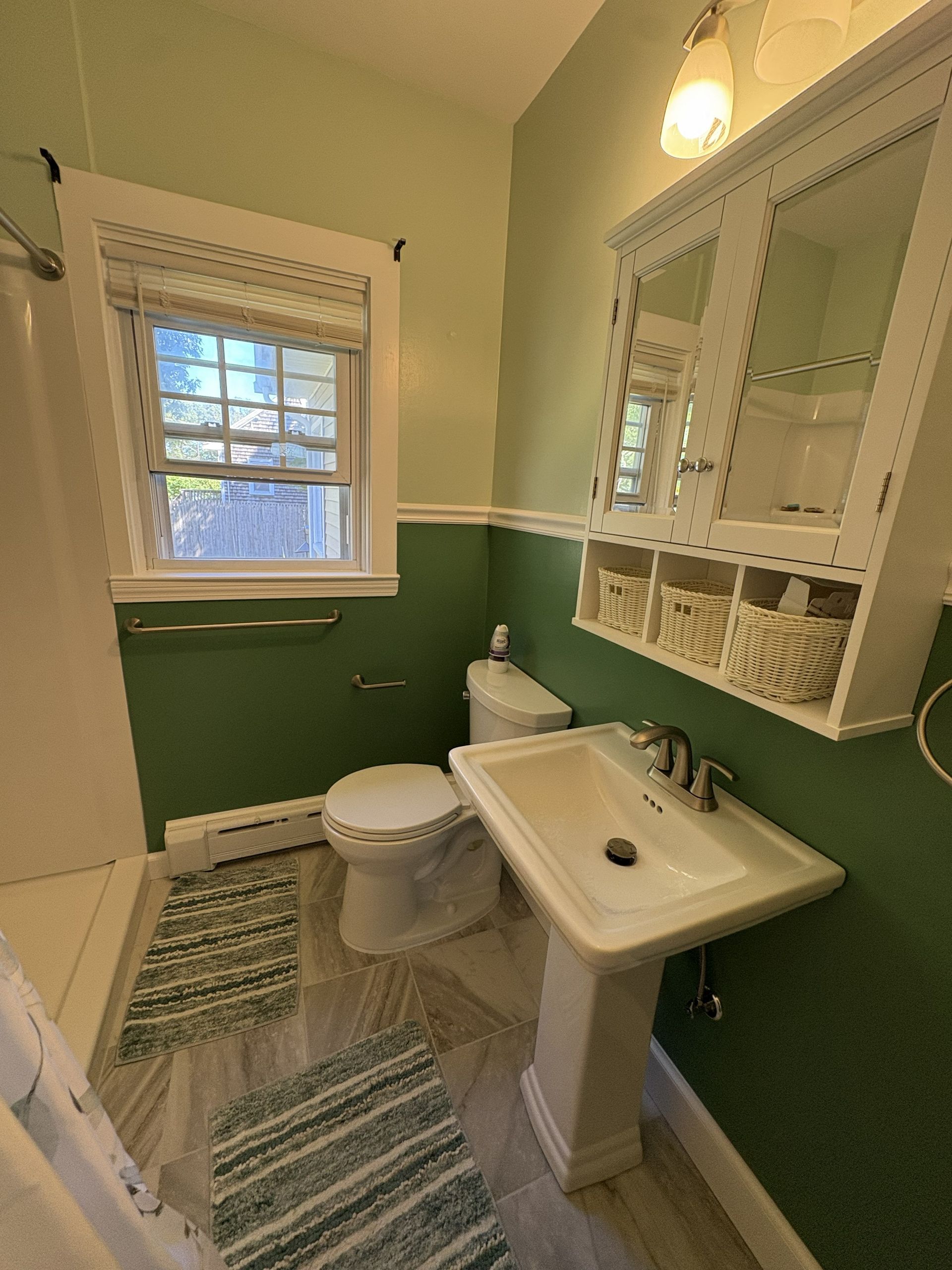 Small bathroom with green walls, white wainscoting, pedestal sink, toilet, and striped rug.