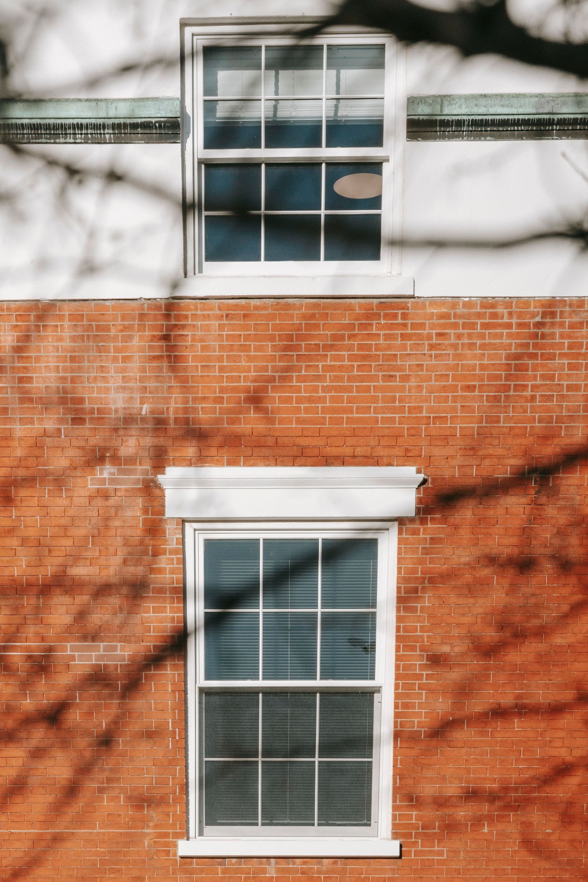 Two-story brick building facade with two white-trimmed windows in sunlight and shadow from tree branches