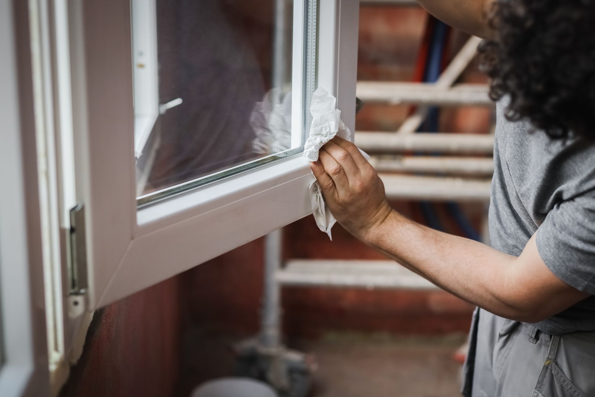 Person cleaning a white window frame with a cloth indoors