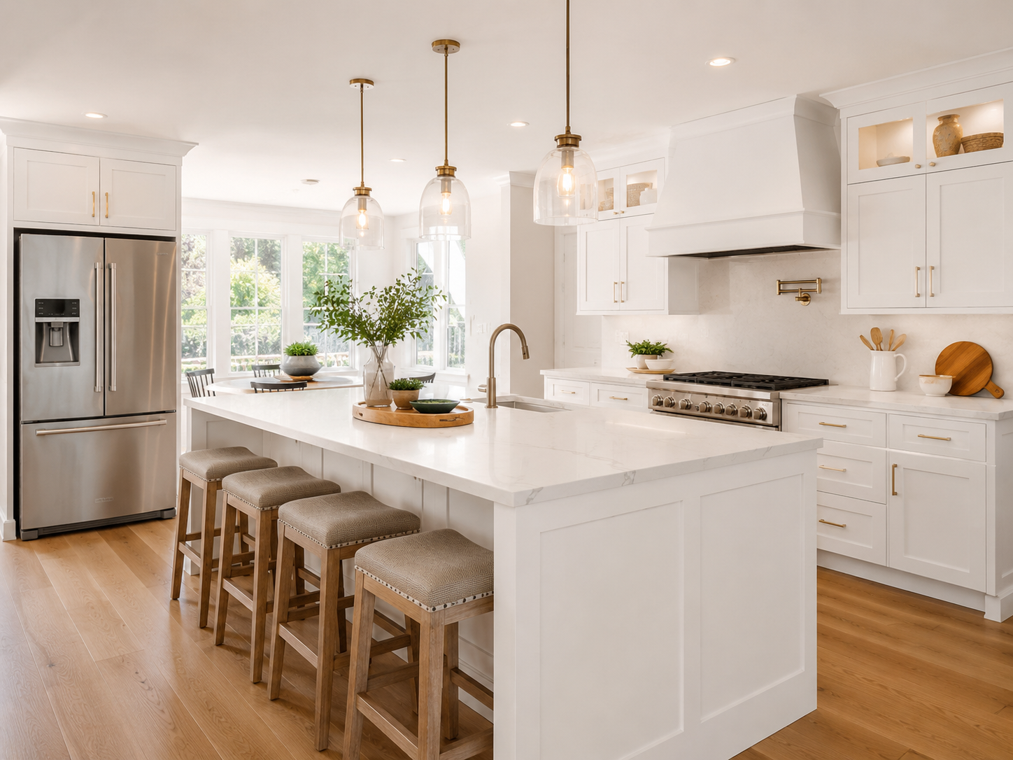 Bright white modern kitchen with island, stools, stainless fridge, and wood floors