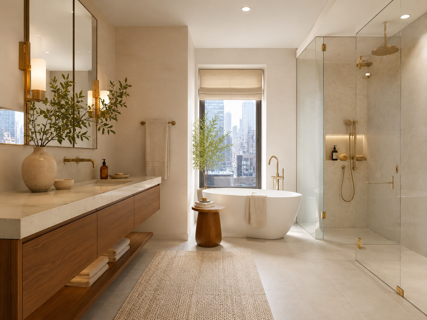 Modern beige bathroom with double vanity, freestanding tub, glass shower, and city view window