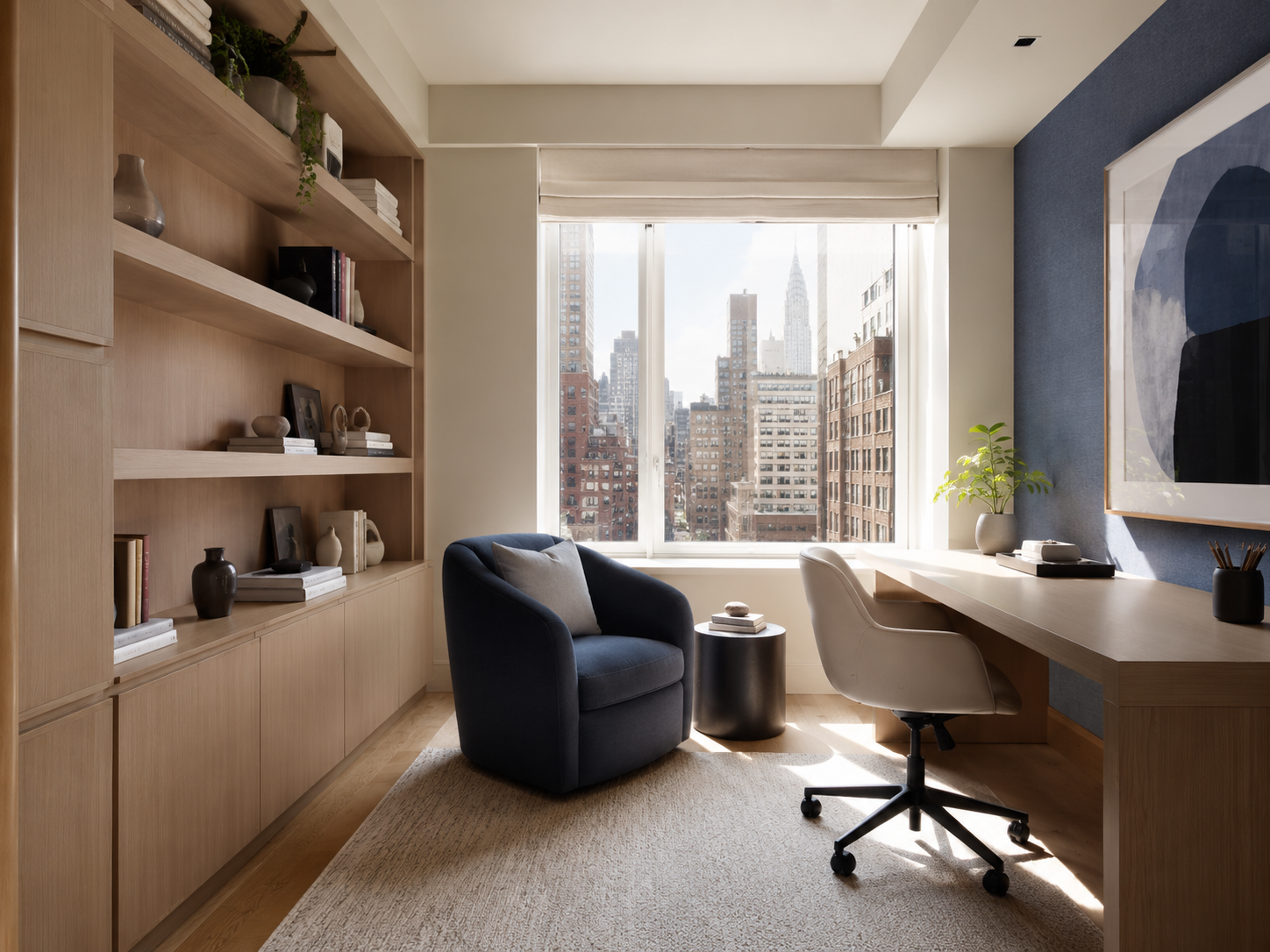 Modern home office with wood shelves, desk, chair, blue lounge chair, and city view through a large window
