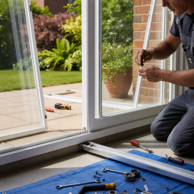 Technician installing a sliding glass door track indoors, with tools on the floor and a garden outside