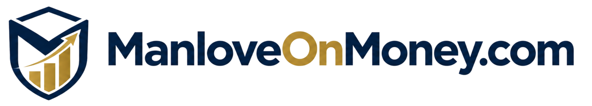 ManloveOnMoney.com logo with shield and upward arrow in navy and gold on white background