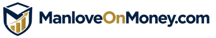 ManloveOnMoney.com logo with shield and upward arrow in navy and gold on white background