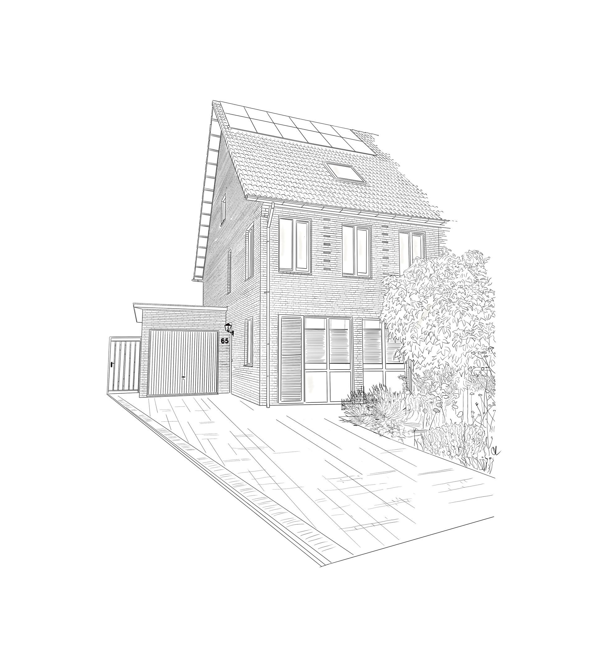 Een zwart-wit tekening van een huis met bomen ervoor.