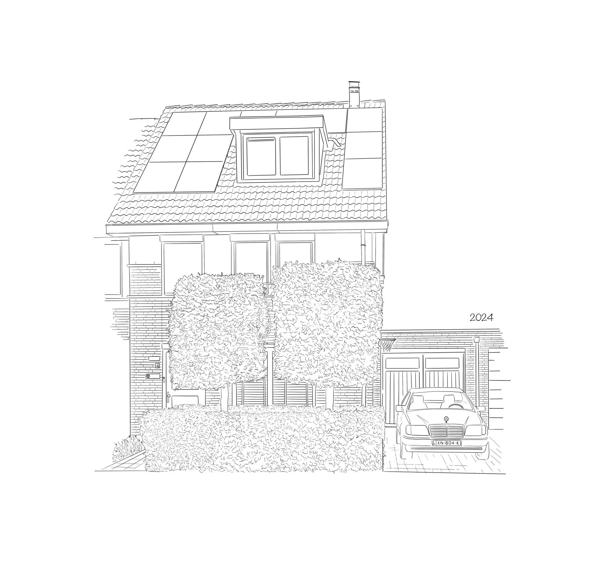 Een zwart-wit tekening van een huis op een witte achtergrond.