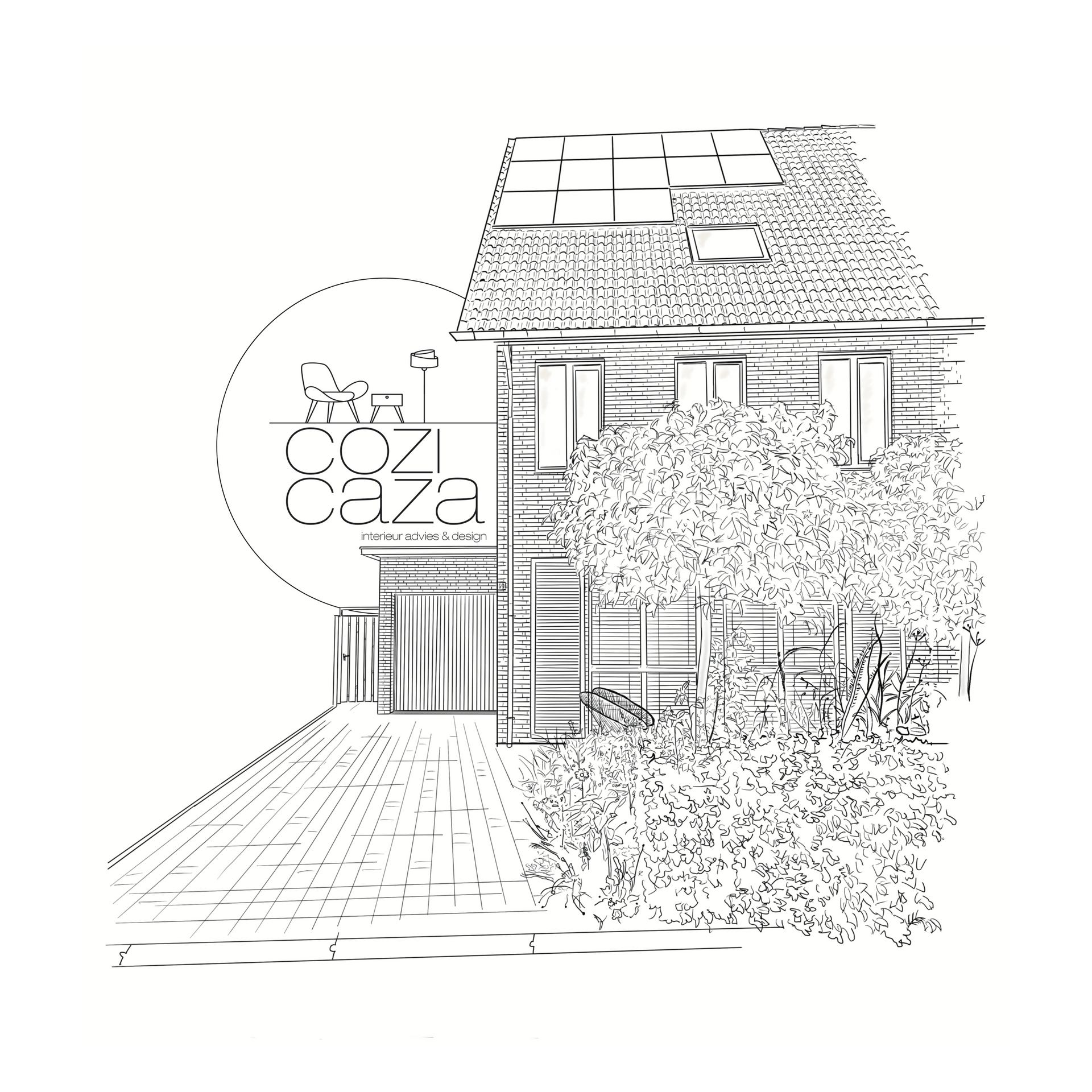 Een zwart-wit tekening van een huis met een trap ernaartoe.