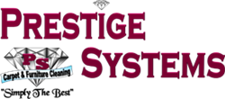 Logo for Prestige Systems: text in burgundy, with diamond graphic and