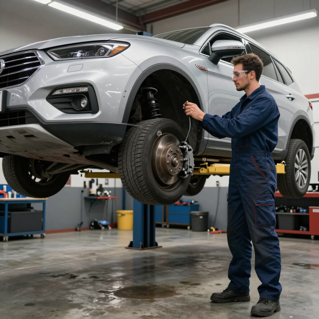 Mecánico inspeccionando la rueda delantera de un SUV plateado elevado en un elevador en un taller mecánico.