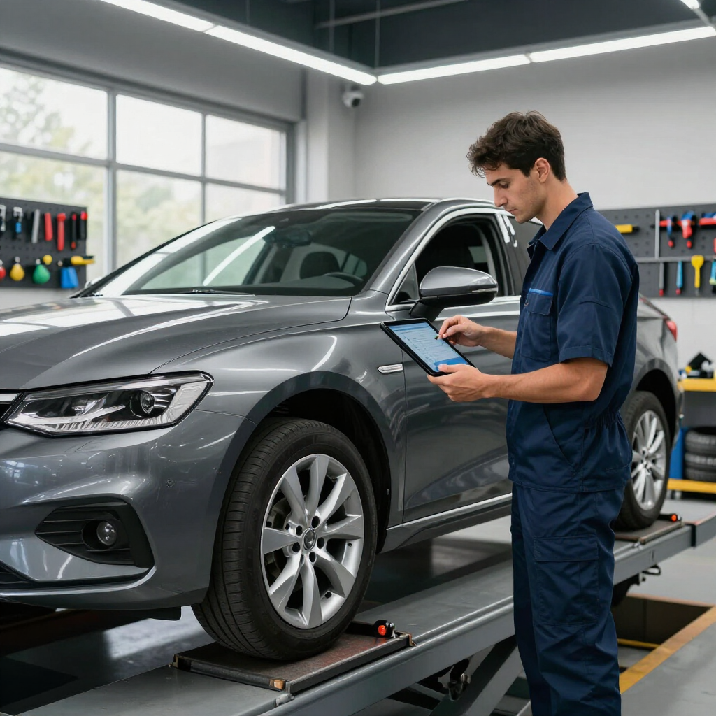 Mecánico inspecciona un SUV gris con una tableta en un taller mecánico bien iluminado.