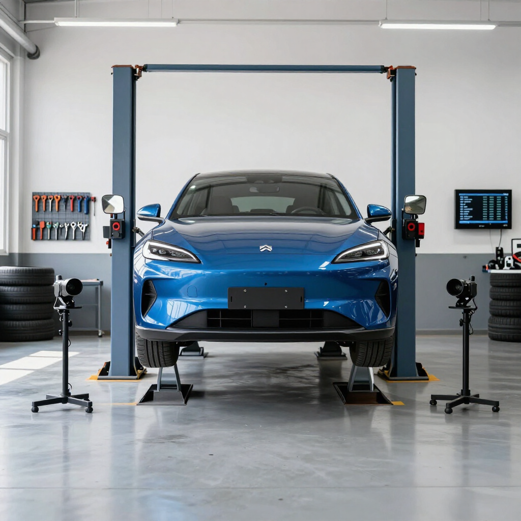 Un coche deportivo azul sobre un elevador en un taller mecánico limpio, rodeado de herramientas y equipos.