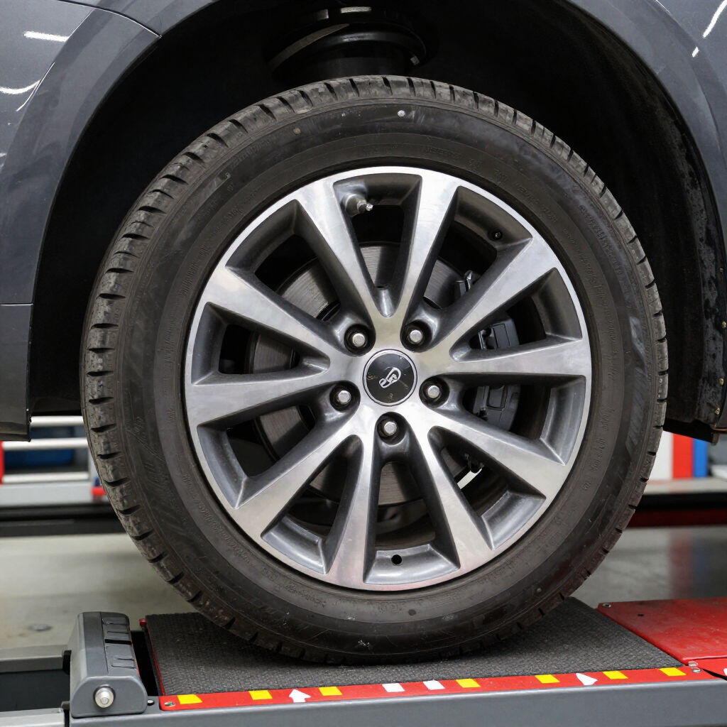 Primer plano de una rueda de coche con llanta de aleación plateada sobre una máquina de equilibrado en un taller mecánico.