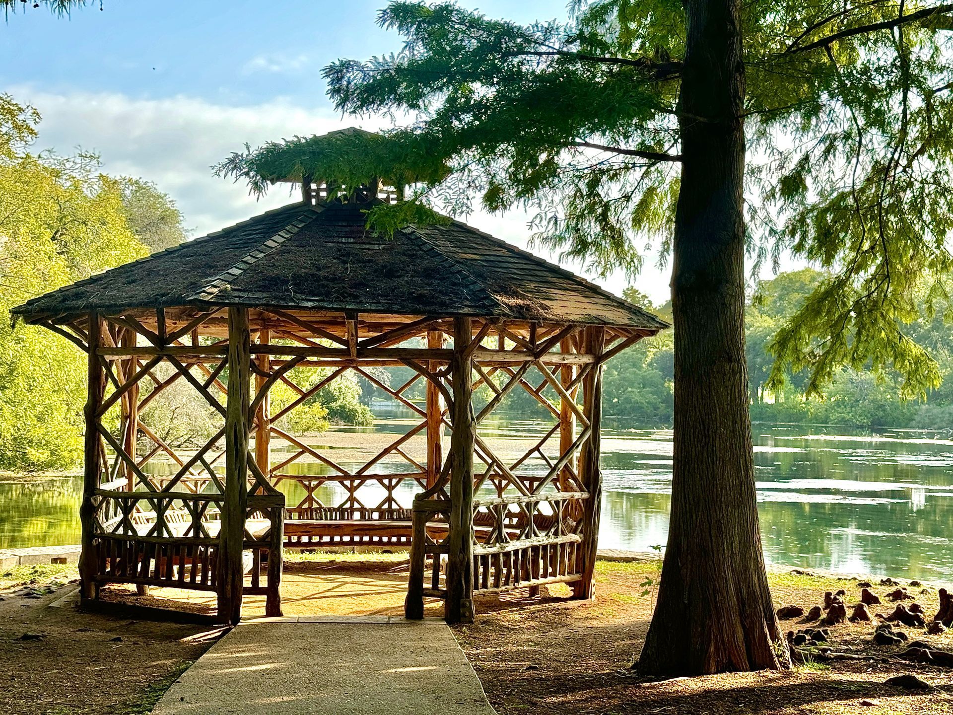 A gazebo is sitting next to a tree near a lake.