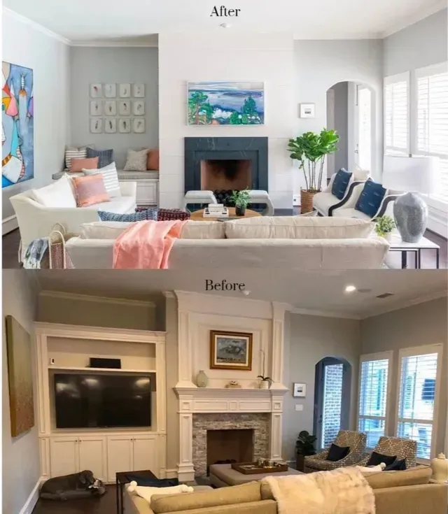 Before-and-after living room makeover with brighter decor, fireplace, and updated furniture.