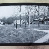 A black and white photo of a park with trees and buildings in the background.