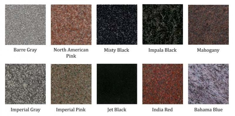 A variety of granite colors are shown on a white background