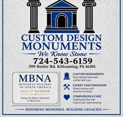 An advertisement for custom design monuments with a picture of a heart