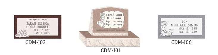 Three different types of gravestones are shown on a white background.